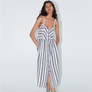 Zara Striped Strappy Dress White Blue Flowy Midi